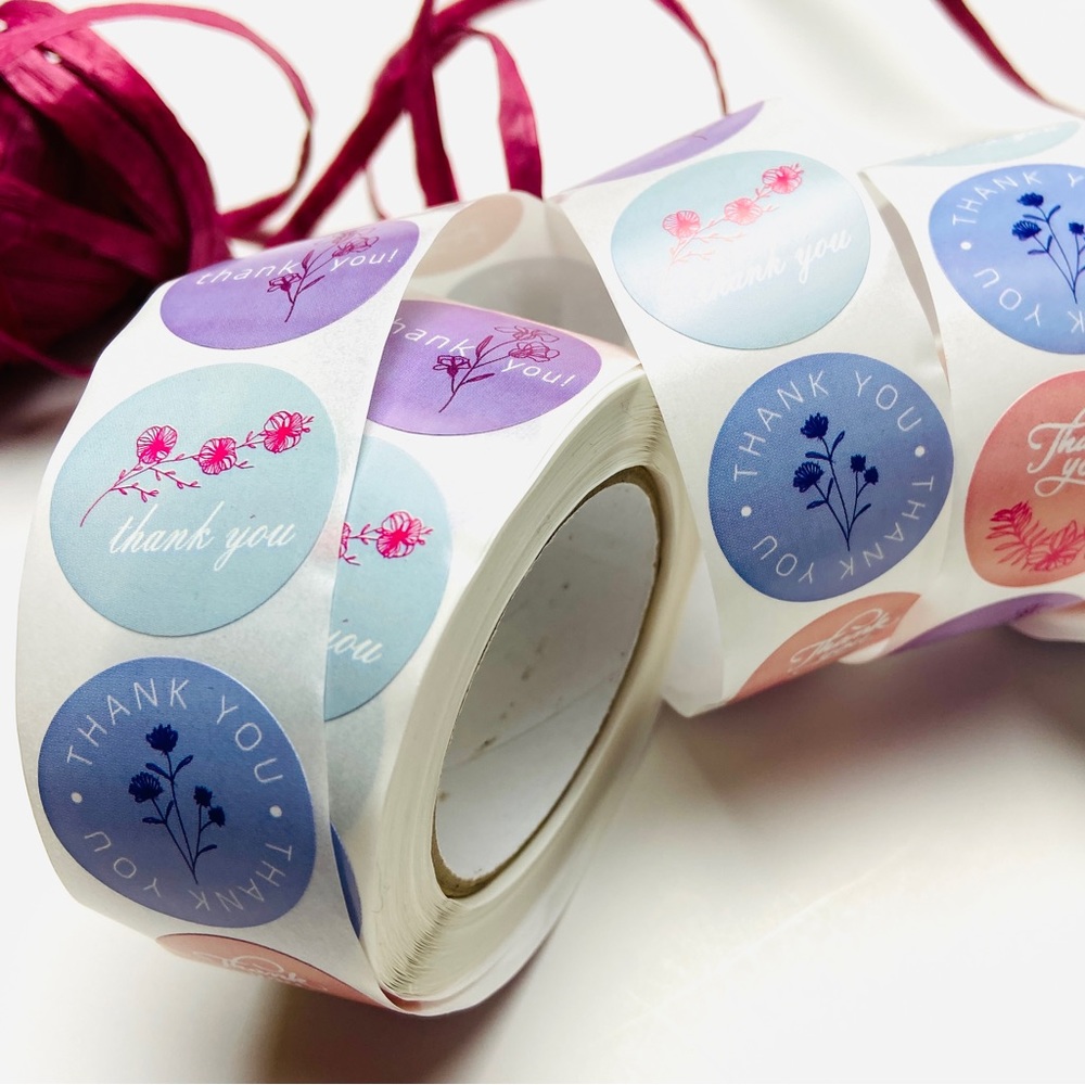 500 Roll multi color floral thank you packaging stickers 1” round